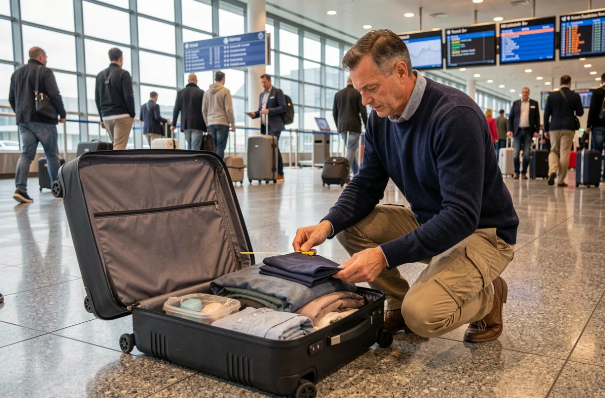 Homme vérifiant les dimensions de sa valise cabine dans un aéroport