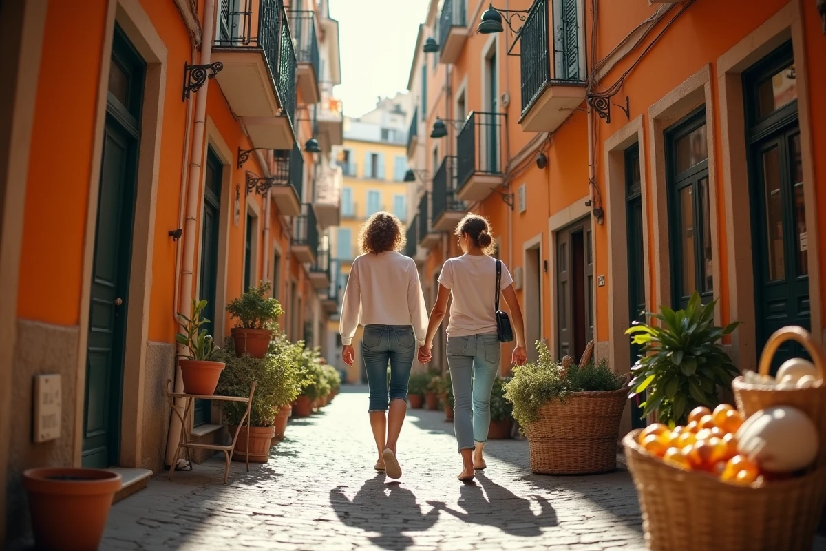 Couple de touristes se baladant dans les ruelles colorées du Vieux-Nice avec étals de marché et façades ocre