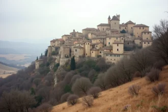 Vue panoramique du village perché de Gordes en hiver avec ses maisons en pierre sur la colline de la Provence