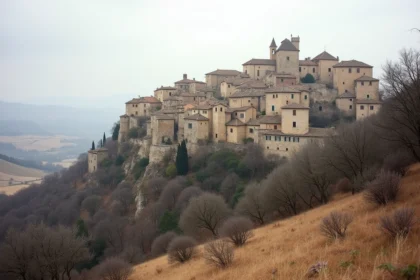 Vue panoramique du village perché de Gordes en hiver avec ses maisons en pierre sur la colline de la Provence
