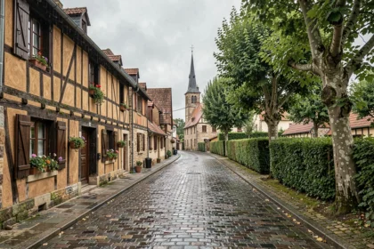 Rue pittoresque d'un village normand avec maisons à colombages et pavés mouillés, illustrant le charme des villages de Normandie