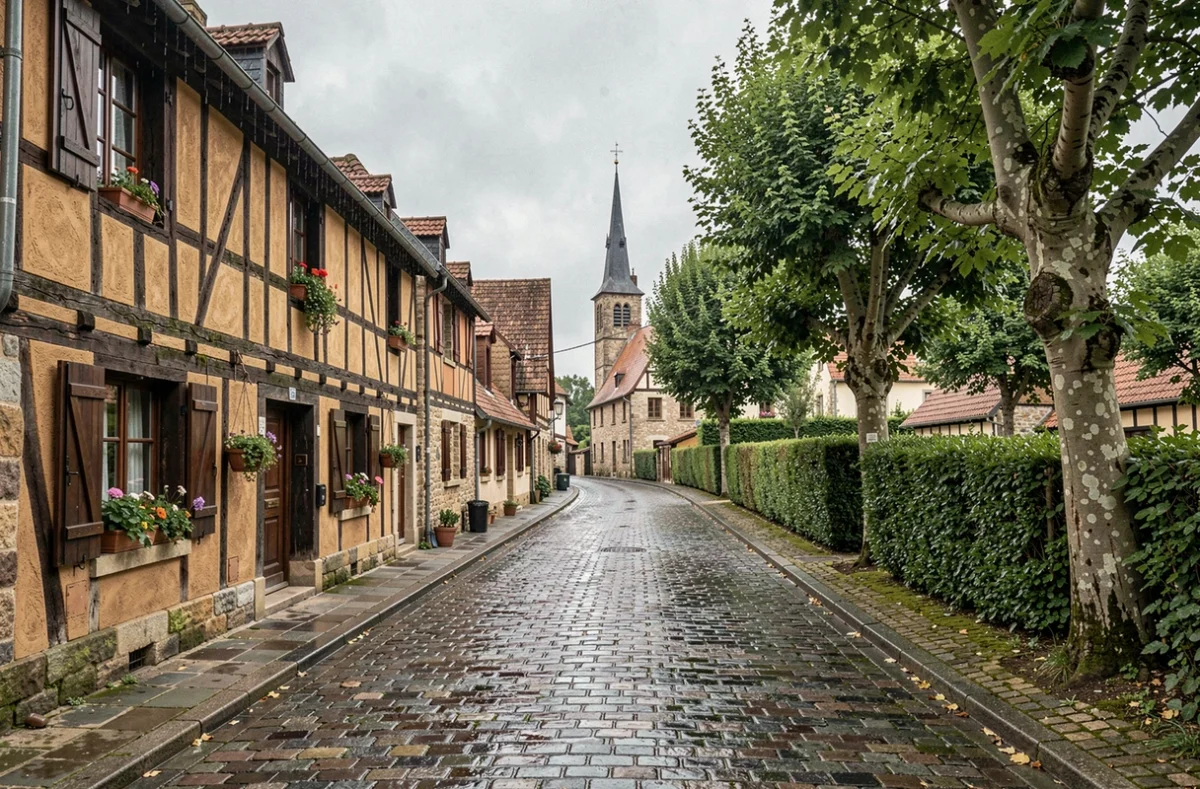 Rue pittoresque d'un village normand avec maisons à colombages et pavés mouillés, illustrant le charme des villages de Normandie