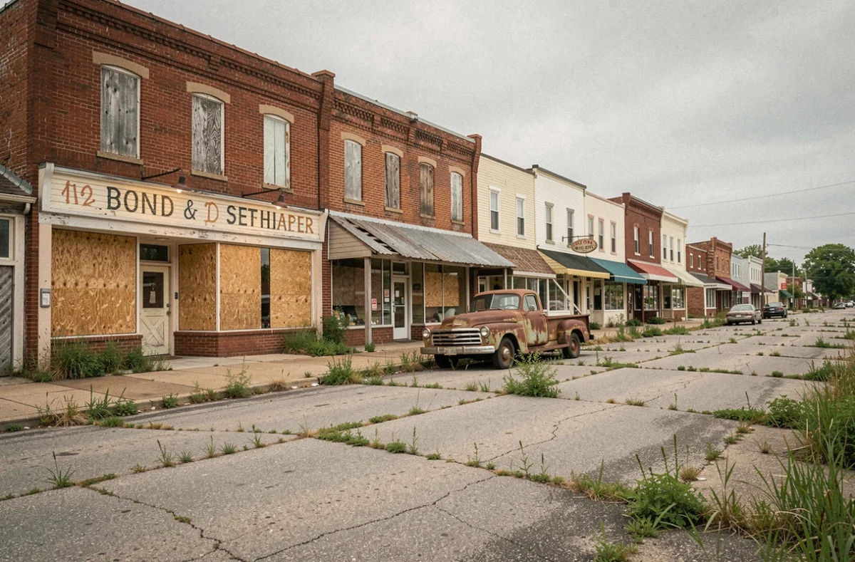 Rue principale abandonnée d'une petite ville américaine du Midwest avec commerces en ruine et camion rouillé