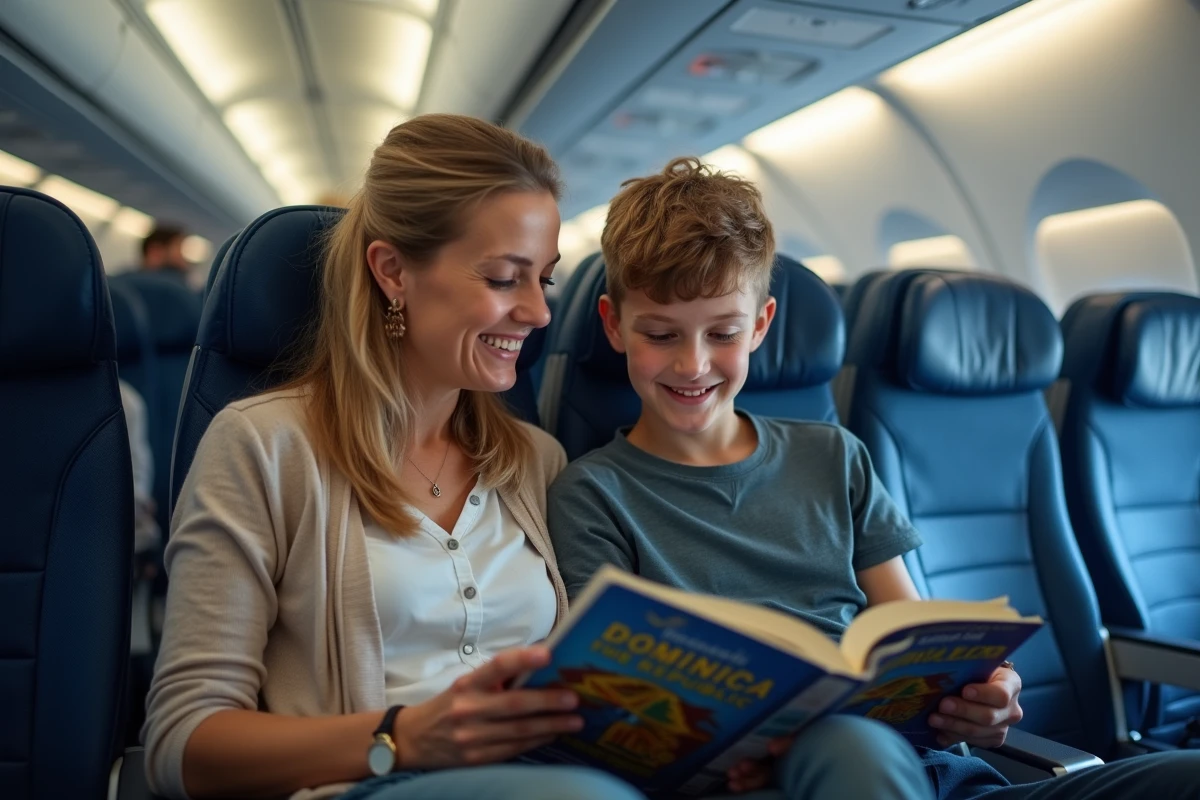 Mère et fils consultant un guide de voyage en République Dominicaine pendant un vol long-courrier depuis Lyon
