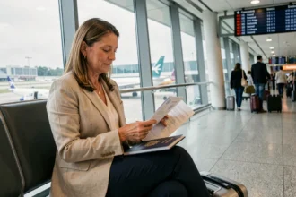 Patiente en voyage médical international consultant ses documents et son passeport dans un aéroport moderne en 2026