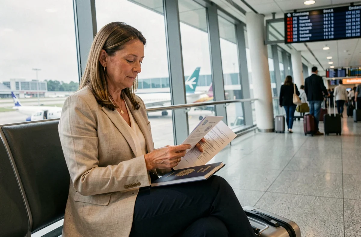 Patiente en voyage médical international consultant ses documents et son passeport dans un aéroport moderne en 2026