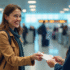 Voyageur souriant à l'aéroport remettant des bons Air France