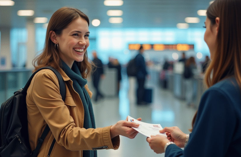 Voyageur souriant à l'aéroport remettant des bons Air France