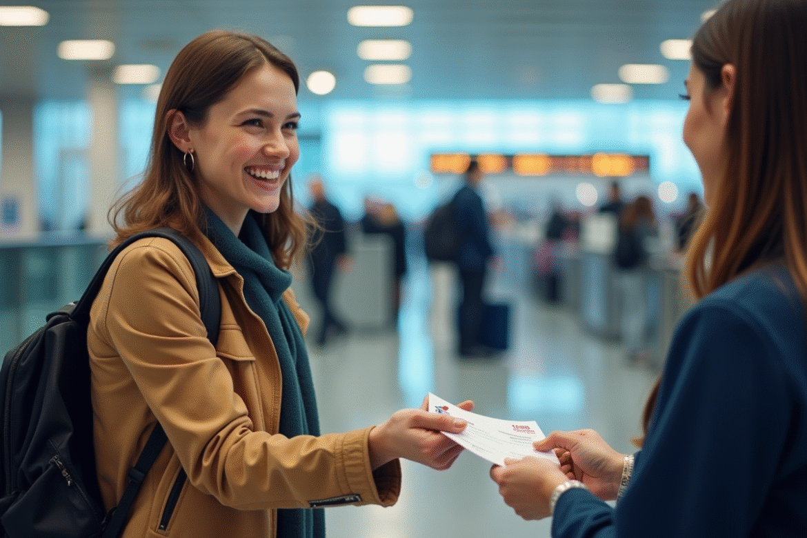 Voyageur souriant à l'aéroport remettant des bons Air France