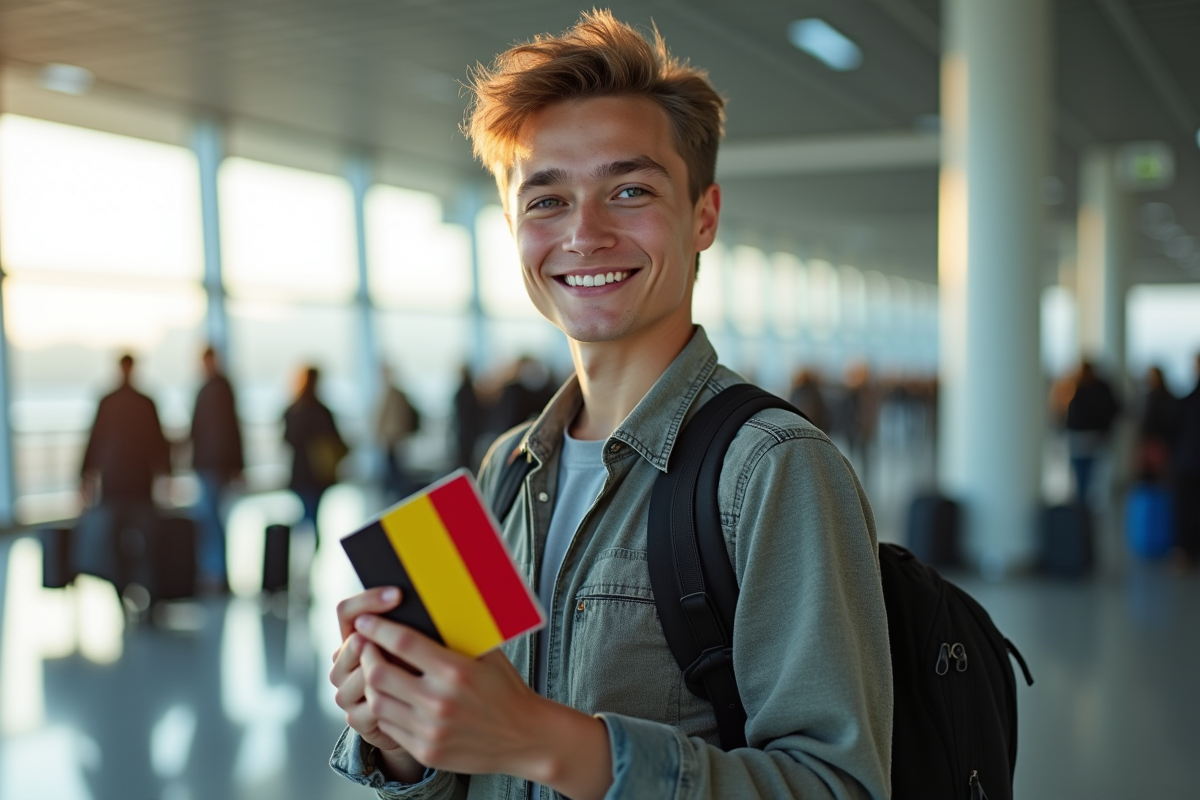 Jeune voyageur confiant à l'aéroport avec passeport belge