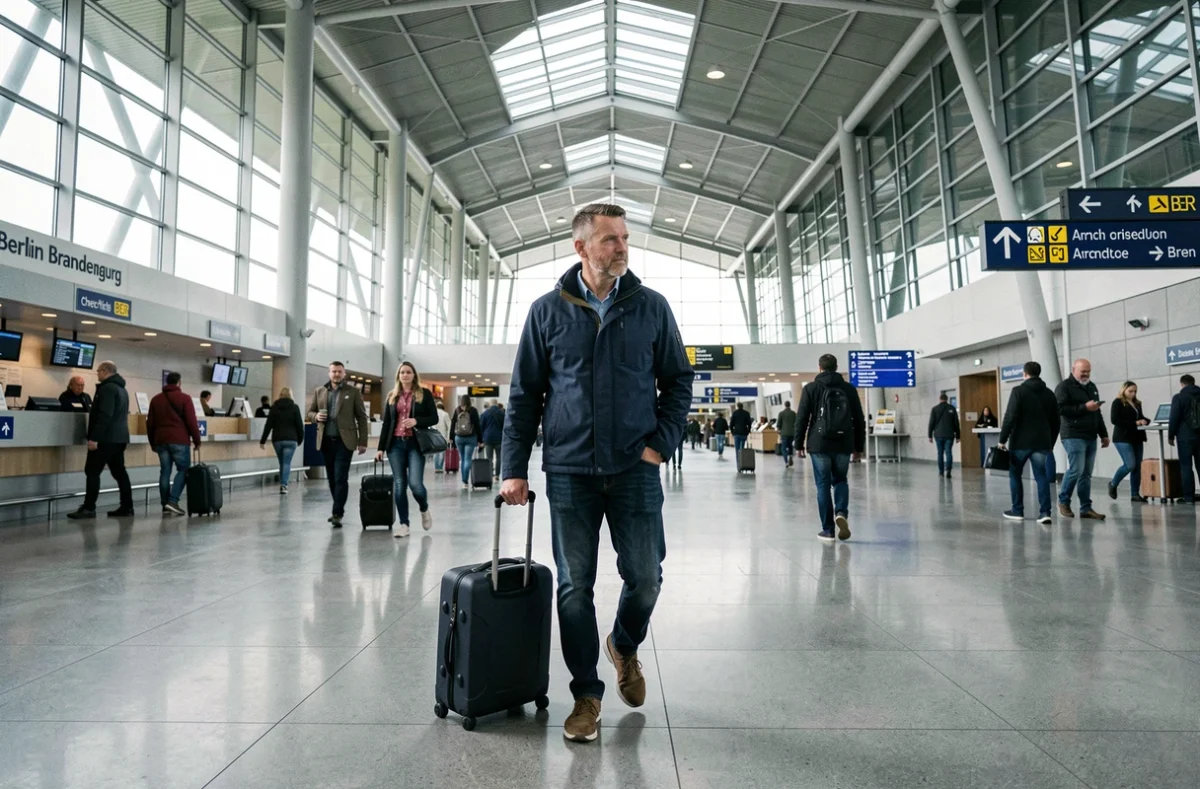 Voyageur avec bagage dans le hall des arrivées de l'aéroport Berlin Brandenburg BER
