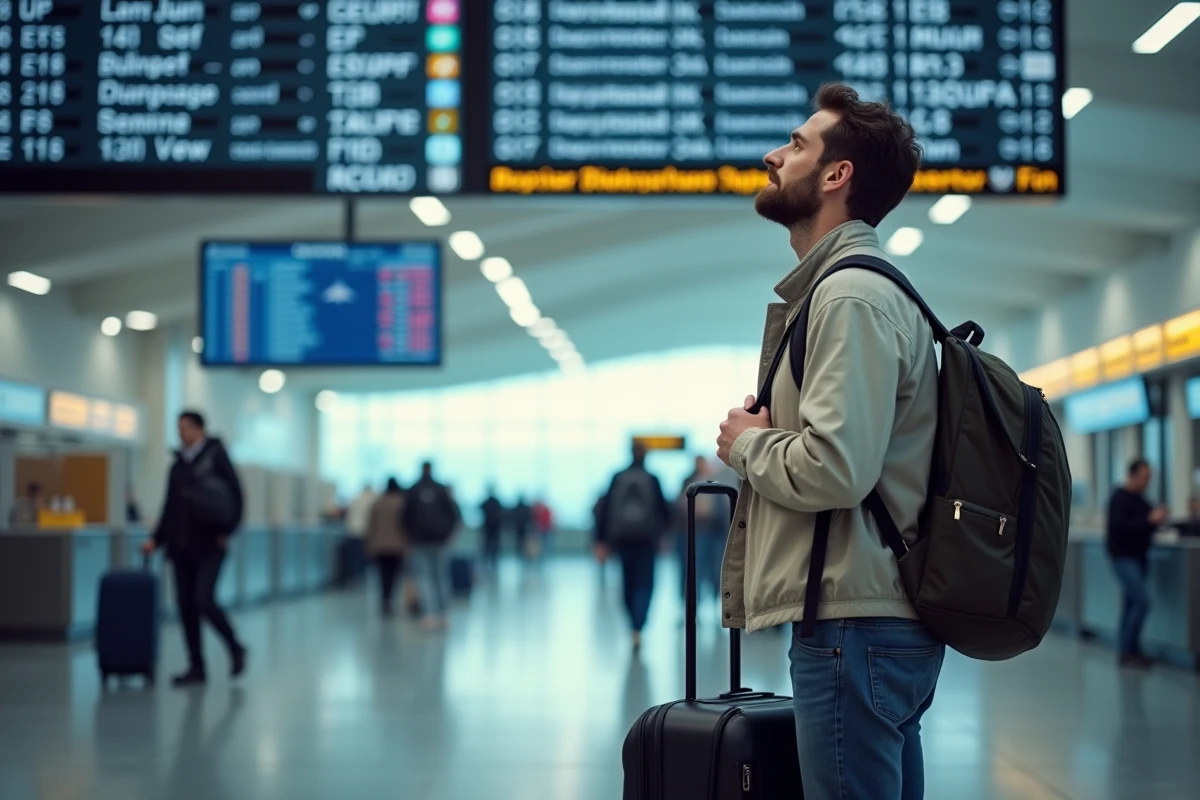 Voyageur stressé dans un aéroport regardant un tableau des départs pour trouver une destination pas chère en août