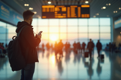 Voyageur vérifiant l'heure dans un aéroport lumineux