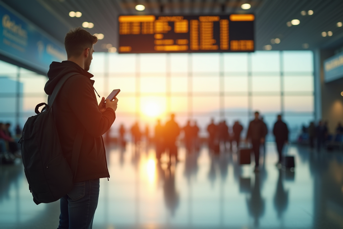 Voyageur vérifiant l'heure dans un aéroport lumineux