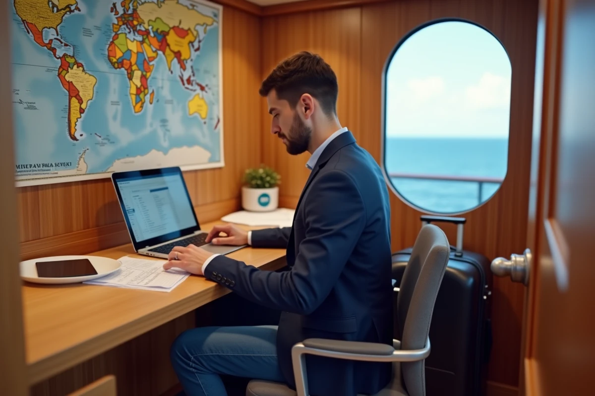 Voyageur seul planifiant sa croisiere dans sa cabine