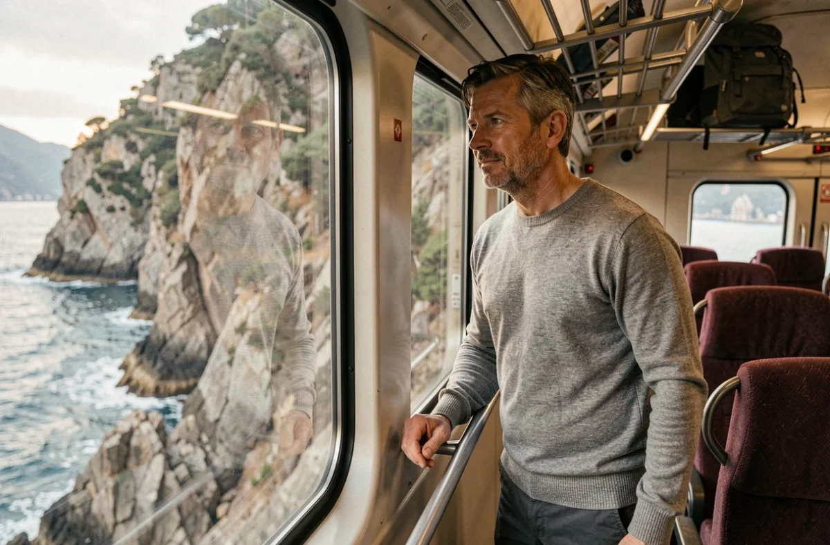 Homme regardant le paysage côtier des Cinq Terres depuis la fenêtre d'un train régional en mouvement