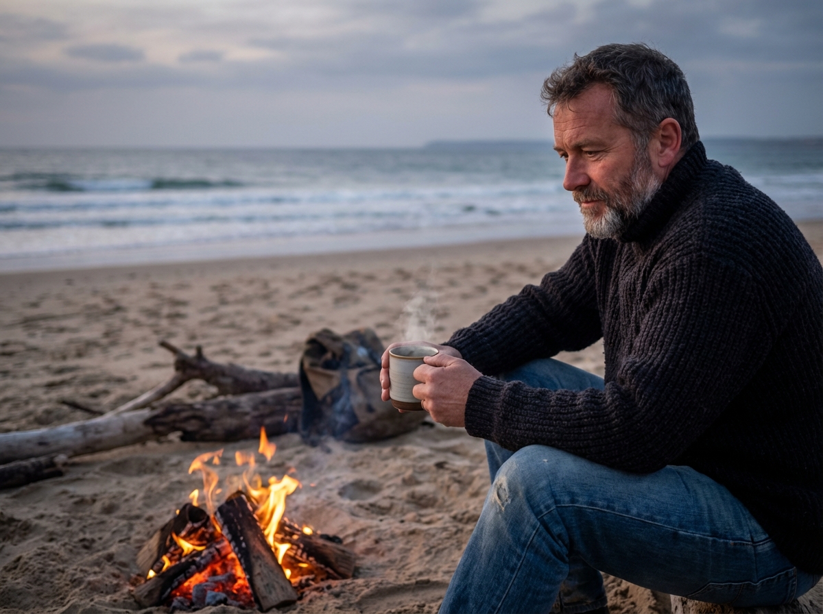 Un voyageur se détend près d'un feu en Normandie