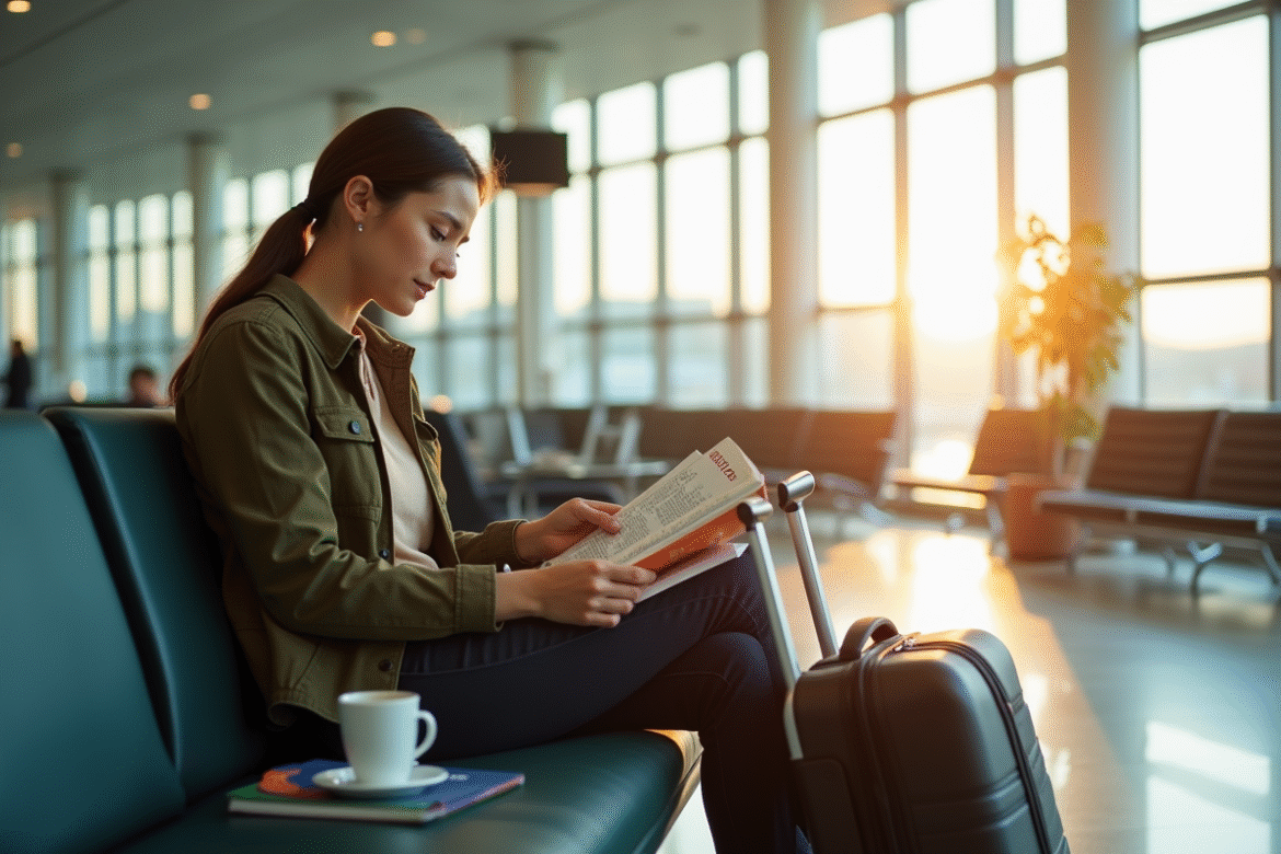 Jeune voyageur lisant un guide d'anglais dans un aéroport