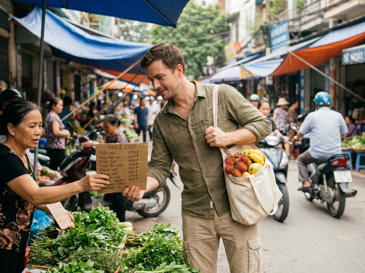 Voyageur achetant des produits frais sur un marché local en Asie du Sud-Est pour réduire les dépenses en voyage