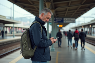 Homme d'âge moyen à Mestre vérifiant son téléphone en attendant