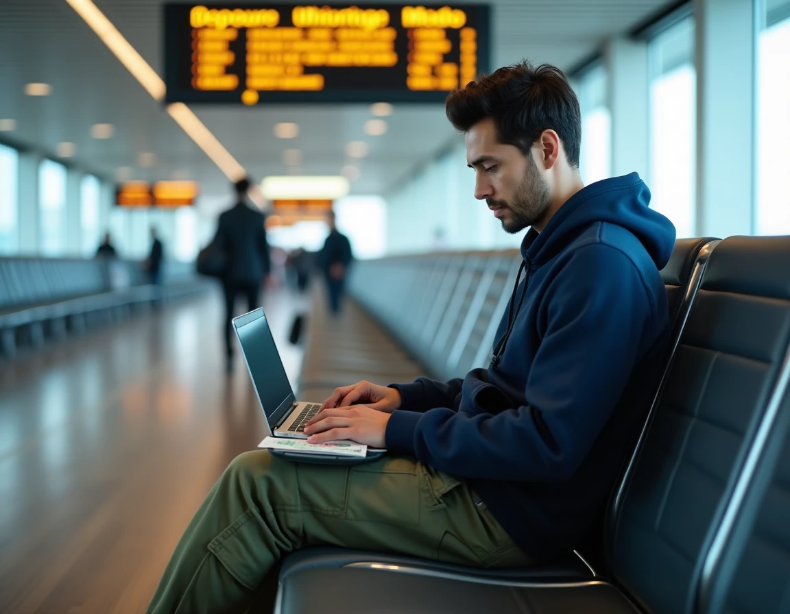 Voyageur préparant son itinéraire sur un ordinateur portable à la porte d'embarquement de l'aéroport Narita, billets de yen japonais visibles