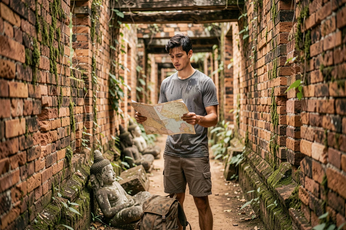 Voyageur occidental consultant une carte dans un couloir de temple ancien en ruines à Ayutthaya, entouré de briques moussues et de végétation envahissante