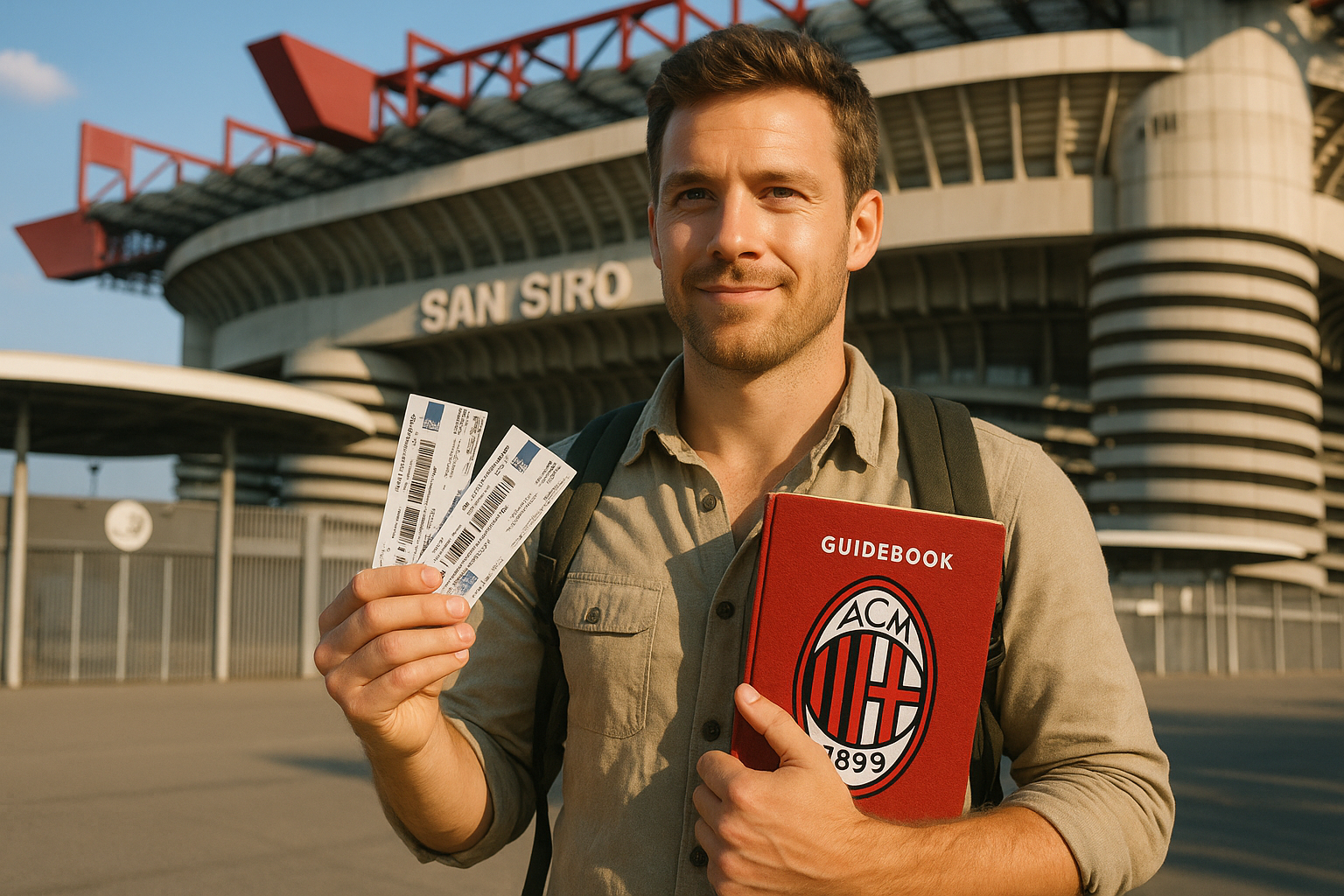 Voyageur avec billets et guide devant San Siro ensoleille