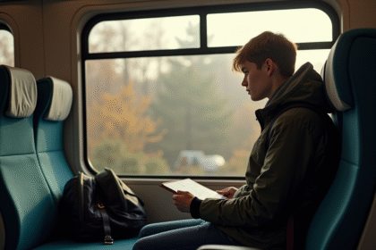 Jeune voyageur dans un train européen regardant par la fenêtre