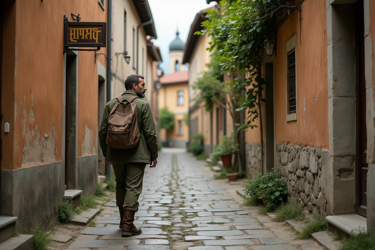 Voyageur barbu explorant une ruelle pavée d'un village méconnu d'Europe de l'Est avec un vieux sac à dos et des façades en pierre patinée