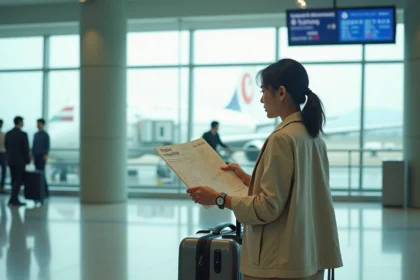 Voyageuse occidentale consultant une carte de Tokyo dans le terminal de l'aéroport international Narita NRT, valise à roulettes à ses côtés