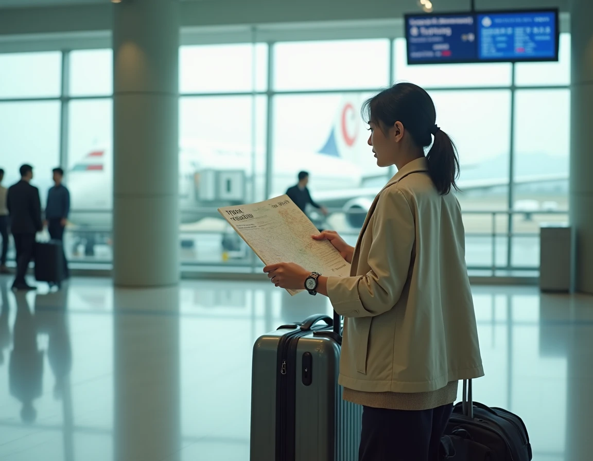 Voyageuse occidentale consultant une carte de Tokyo dans le terminal de l'aéroport international Narita NRT, valise à roulettes à ses côtés
