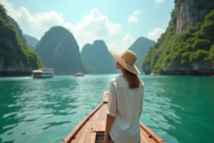 Voyageuse en chapeau de paille sur une jonque traditionnelle dans la baie d'Ha Long pendant la saison sèche au Vietnam