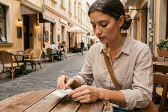 Voyageuse comptant des dinars serbes à une terrasse de café à Belgrade dans le quartier de Skadarlija