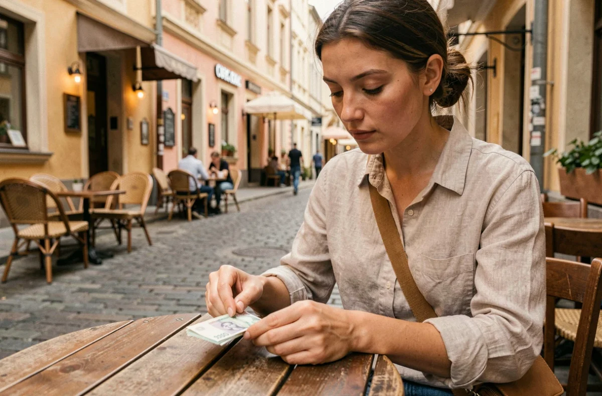 Voyageuse comptant des dinars serbes à une terrasse de café à Belgrade dans le quartier de Skadarlija