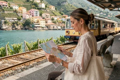 Voyageuse consultant une carte des Cinq Terres dans une petite gare côtière ligure avec vue sur la mer et les villages colorés