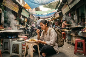 Voyageuse occidentale mangeant un repas de rue authentique dans un marché local de Bangkok, entourée de vendeurs thaïlandais et de vapeur de cuisine