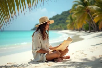 Voyageuse solitaire assise sur une plage déserte et vierge en train de consulter une carte papier, entourée de palmiers et d'eau turquoise