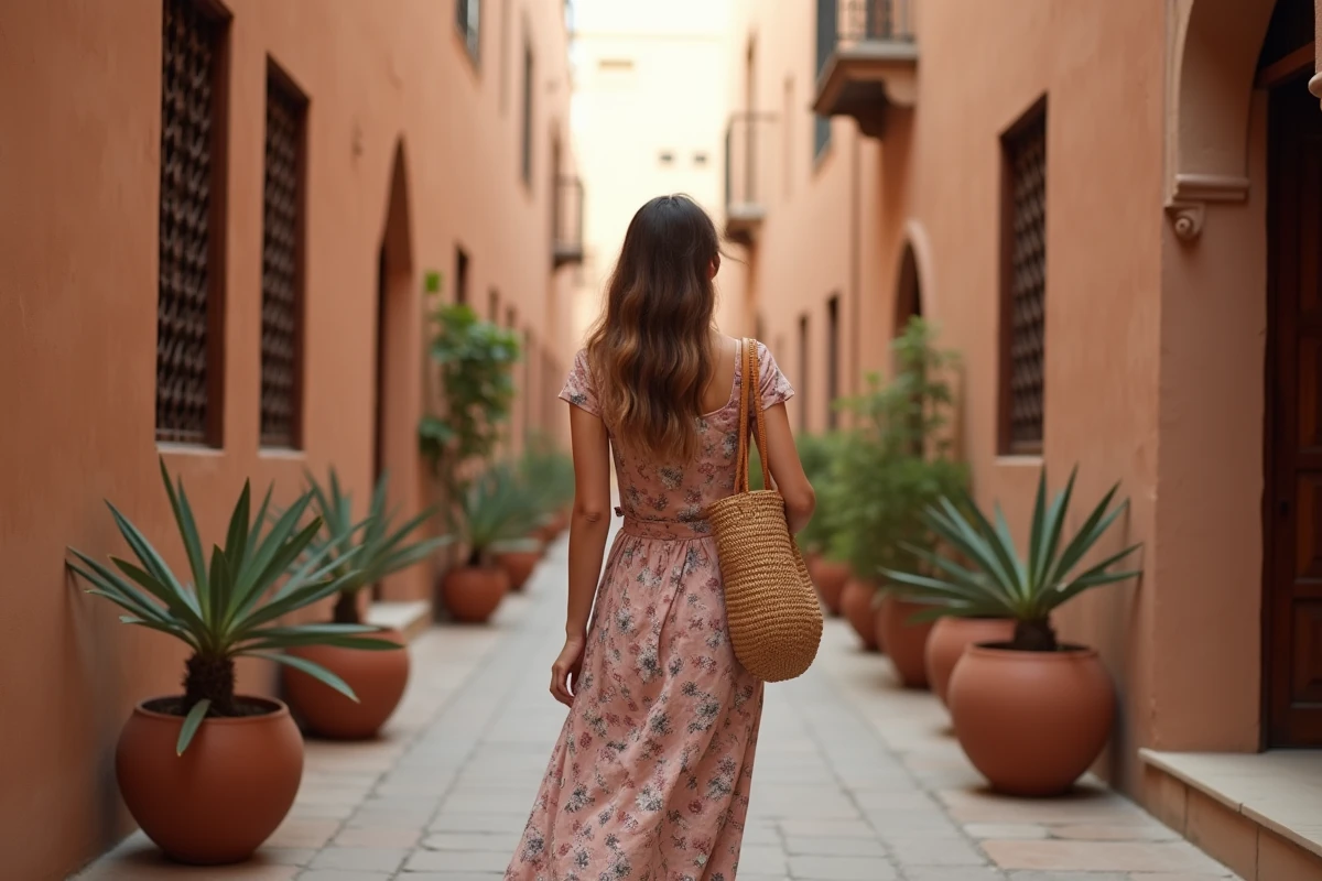 Voyageuse explorant le quartier historique Al Fahidi à Dubaï avec l'architecture traditionnelle à tours à vent