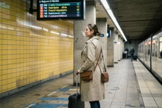 Voyageuse avec valise sur un quai du métro U-Bahn de Berlin regardant le panneau de départ