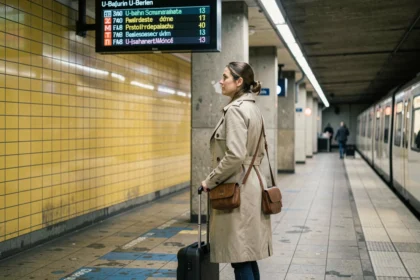 Voyageuse avec valise sur un quai du métro U-Bahn de Berlin regardant le panneau de départ