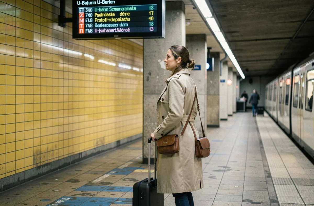 Voyageuse avec valise sur un quai du métro U-Bahn de Berlin regardant le panneau de départ