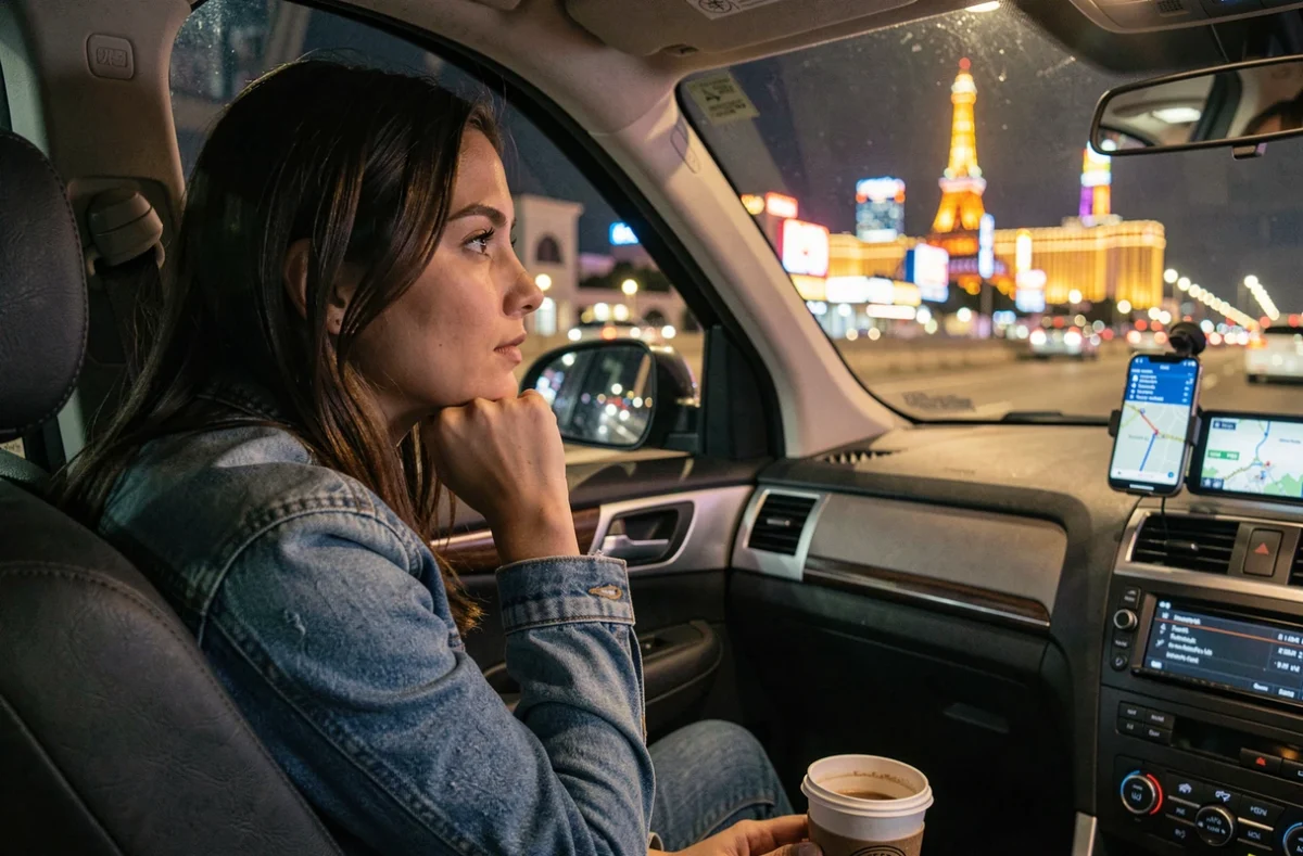 Femme regardant le skyline de Las Vegas depuis la fenêtre d'une voiture de nuit lors d'un road trip depuis Los Angeles