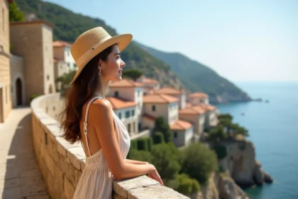 Jeune femme admirant la vue d'Eze village en été