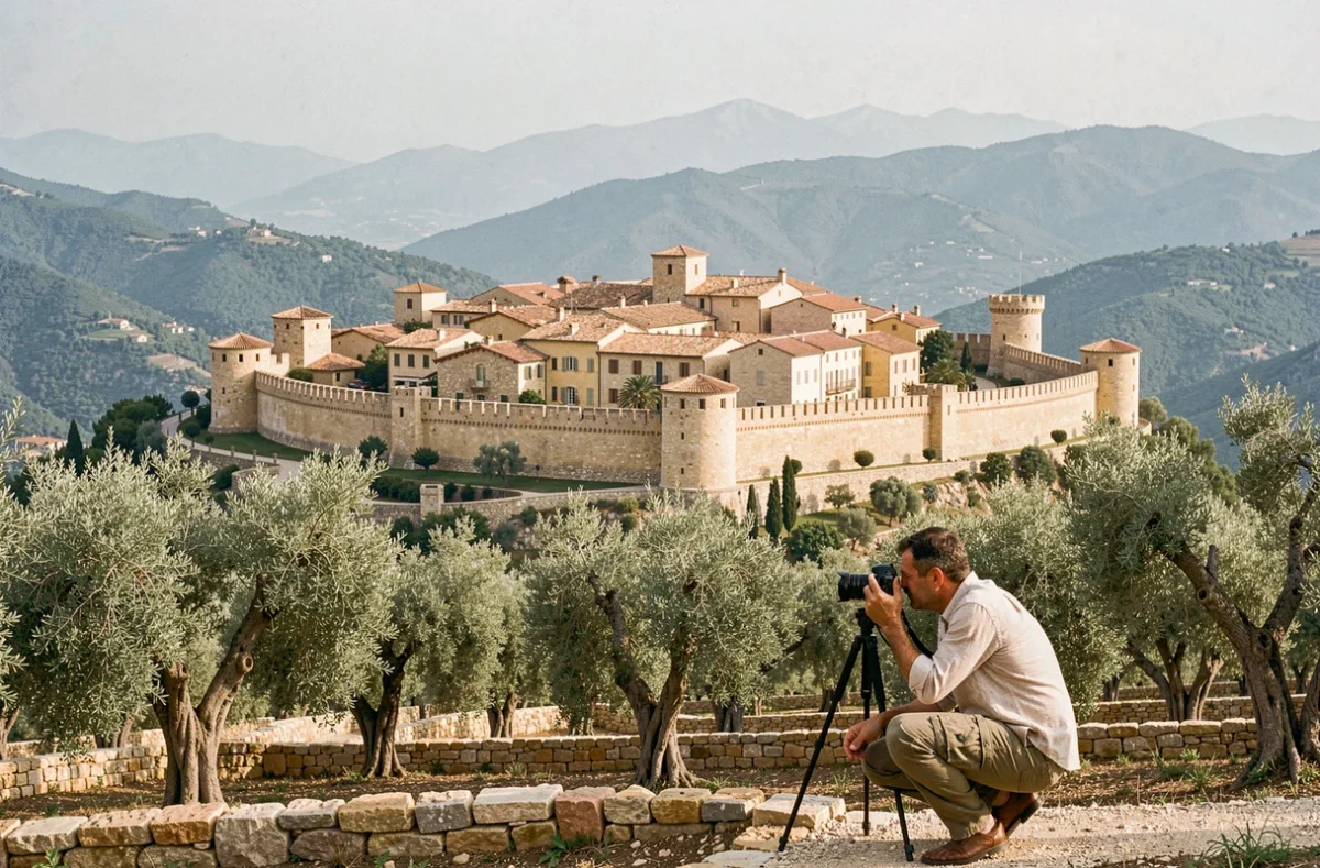 Vue panoramique des fortifications de Saint-Paul-de-Vence entourant le village médiéval perché avec oliveraie en premier plan