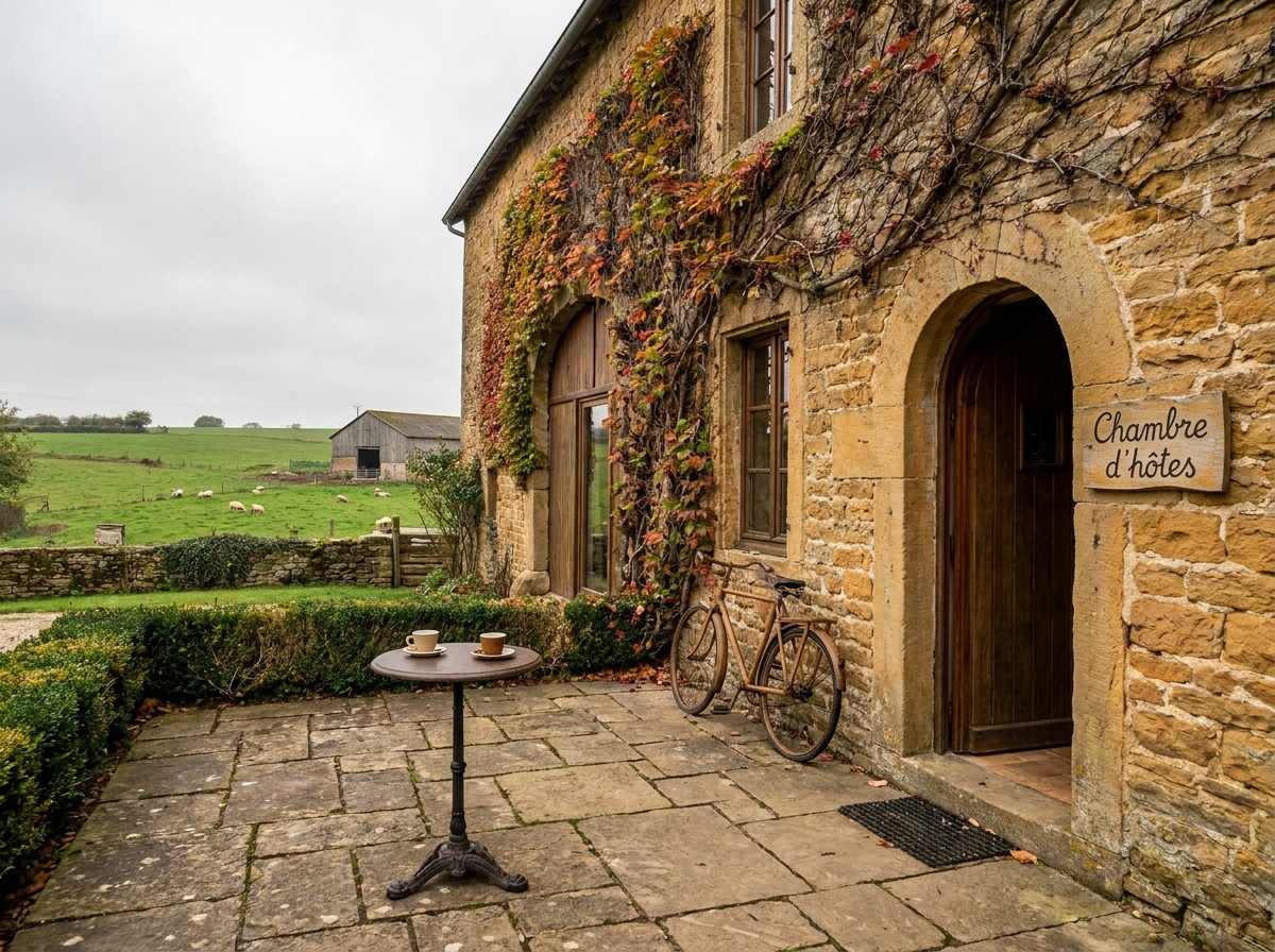 Façade en pierre dorée d'une chambre d'hôtes wallonne typique avec terrasse rustique et paysage rural en arrière-plan