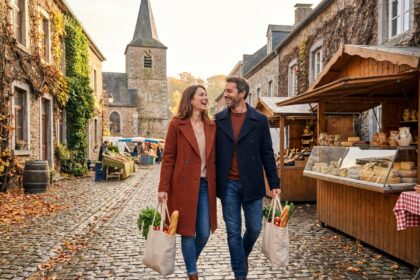 Couple se promenant dans un village wallon pittoresque lors d'un week-end de découverte des marchés locaux et de l'artisanat régional