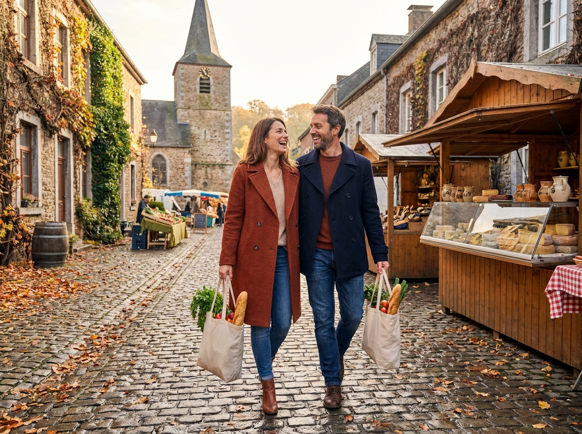 Couple se promenant dans un village wallon pittoresque lors d'un week-end de découverte des marchés locaux et de l'artisanat régional