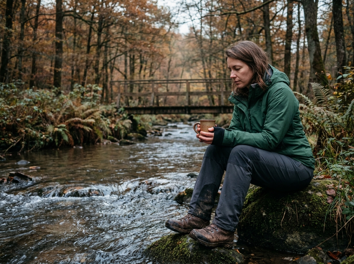 Randonneuse solitaire se reposant au bord d'une rivière ardennaise entourée de forêts aux couleurs automnales en Wallonie