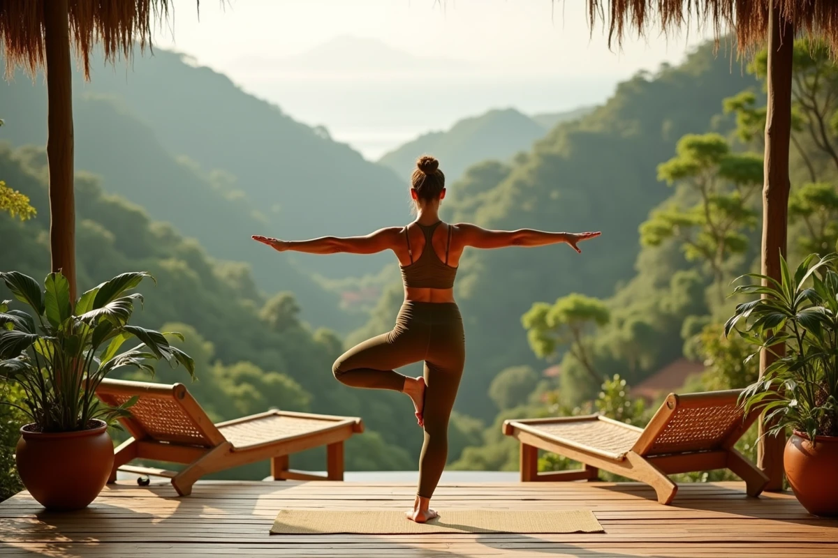 Femme pratiquant le yoga sur une terrasse en bambou d'un éco-lodge avec vue sur la jungle à Mazunte
